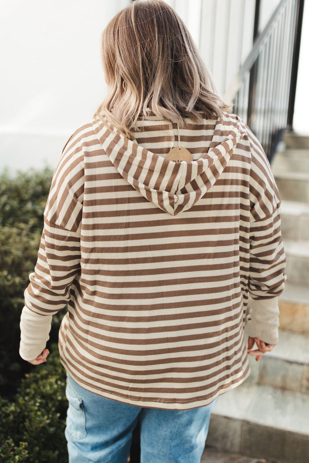 Brown Stripe Drop Sleeve Plus Size Henley Hoodie - Plus Size Tops