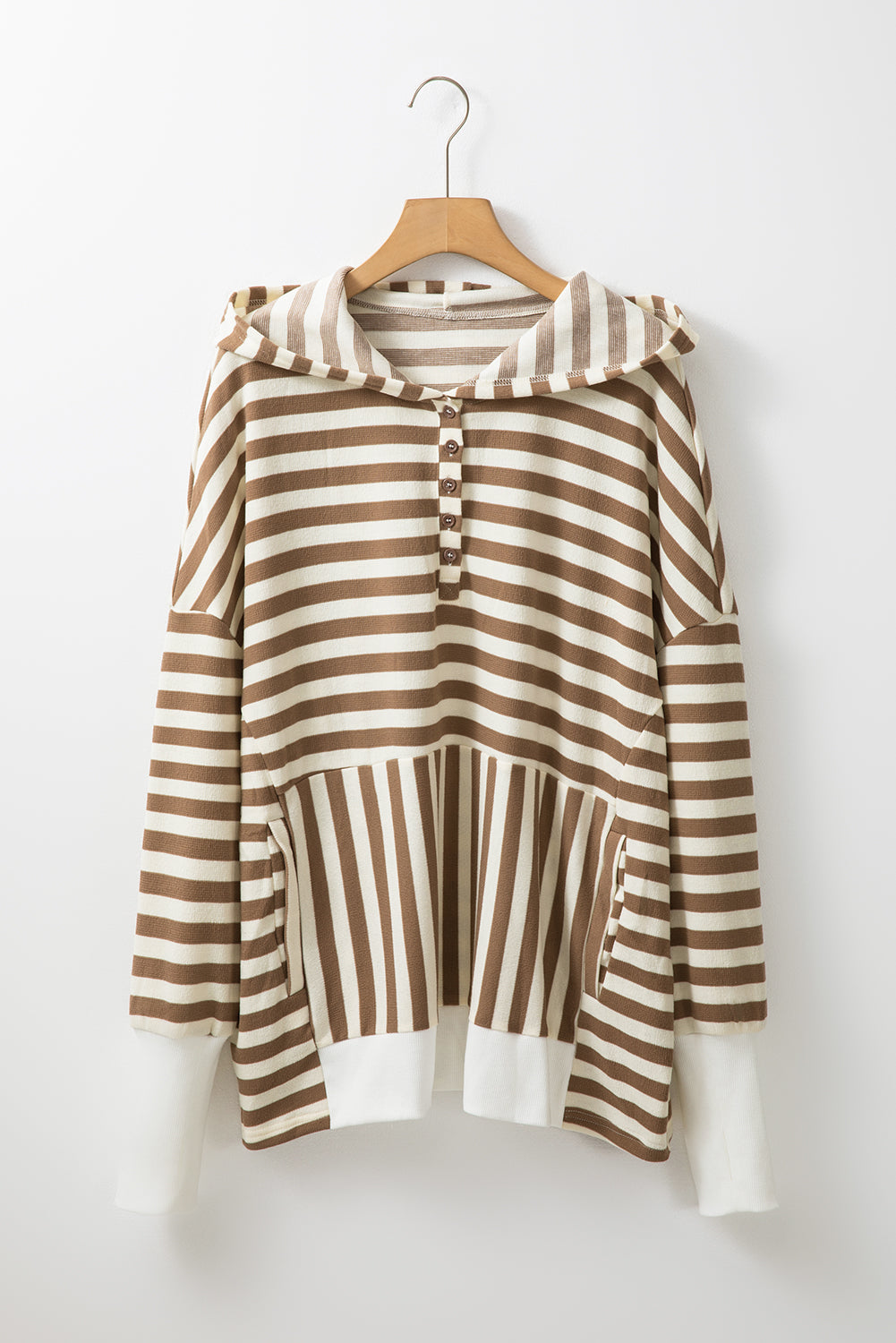 Brown Stripe Drop Sleeve Plus Size Henley Hoodie - Plus Size Tops