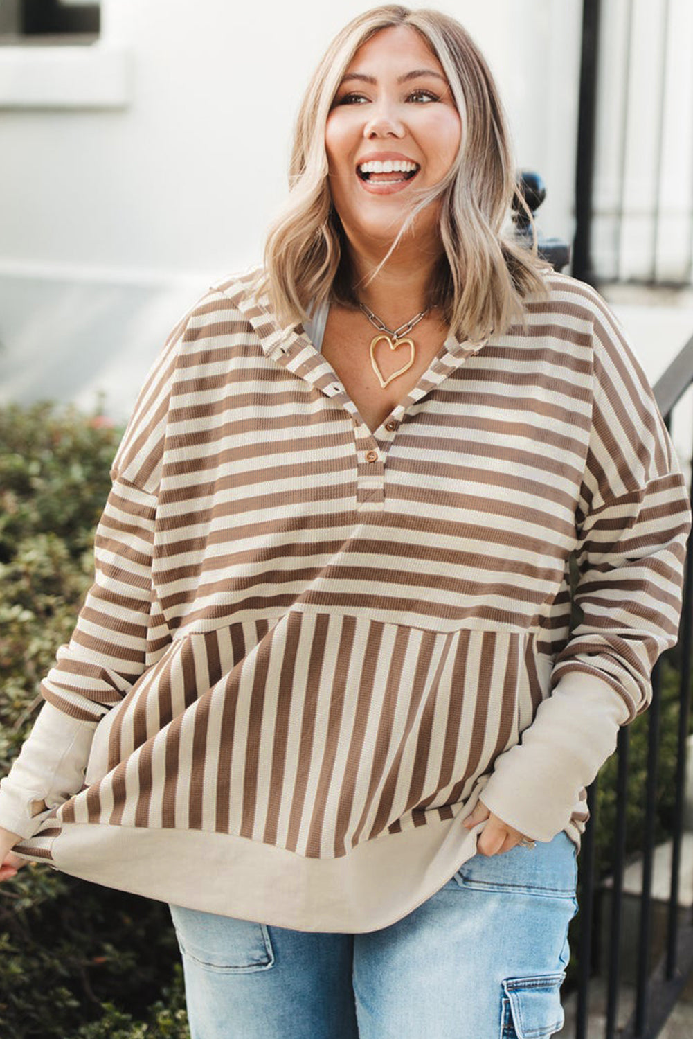 Brown Stripe Drop Sleeve Plus Size Henley Hoodie - Plus Size Tops