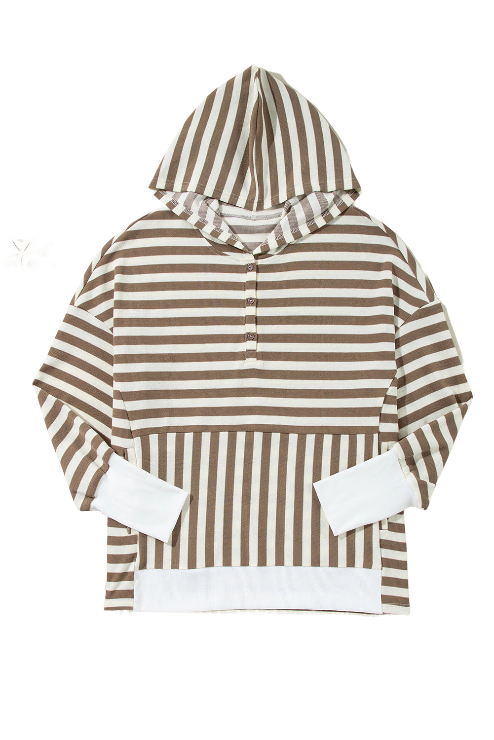 Brown Stripe Drop Sleeve Plus Size Henley Hoodie - Plus Size Tops