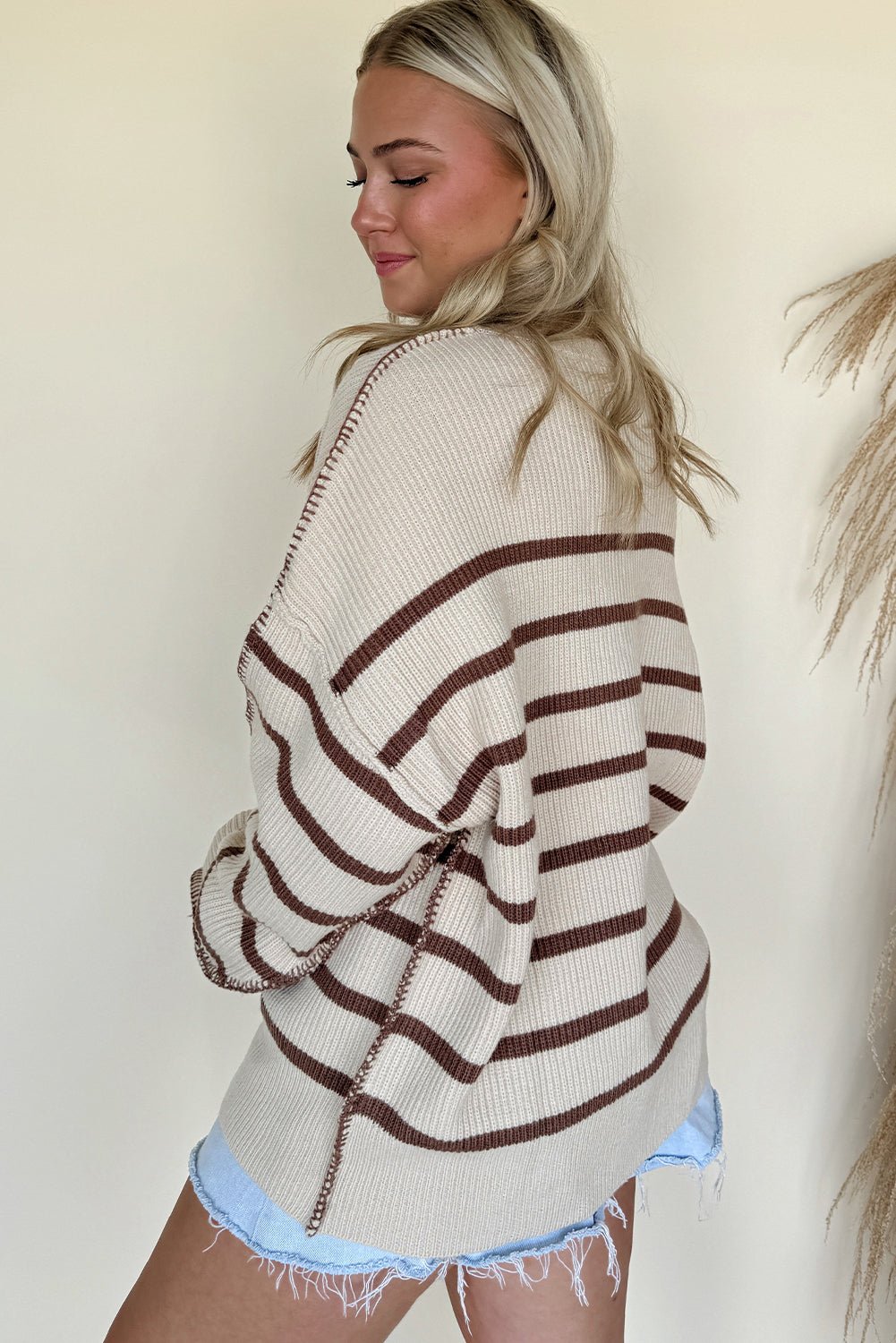 Brown Striped Exposed Seam Loose Henley Sweater - MAD RUFFI