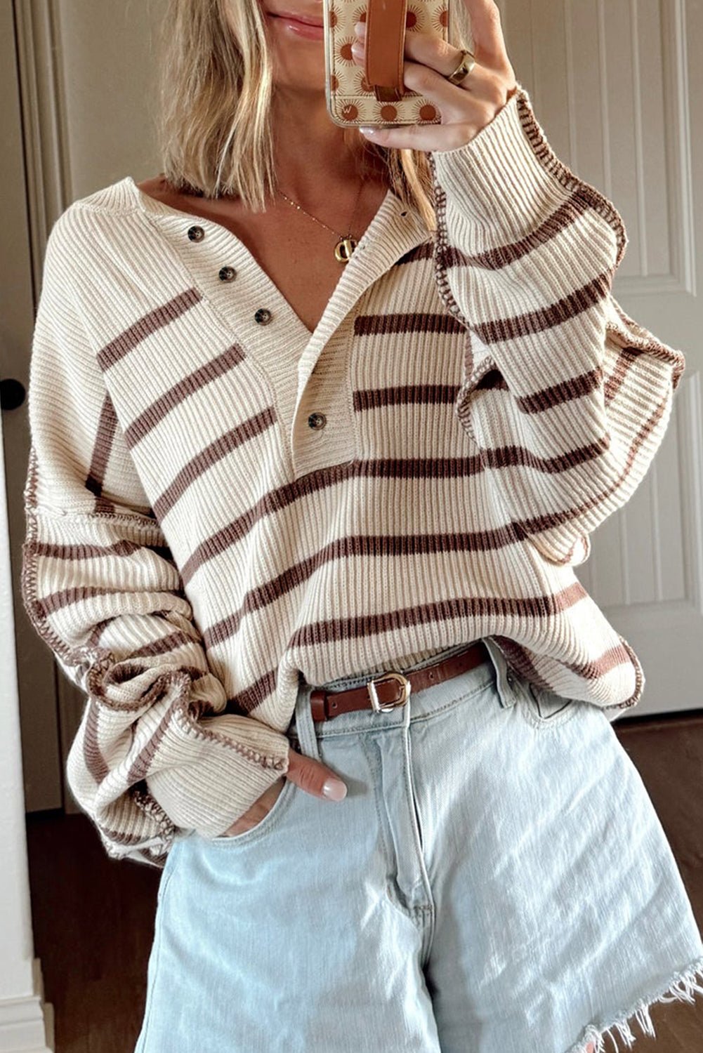 Brown Striped Exposed Seam Loose Henley Sweater - MAD RUFFI