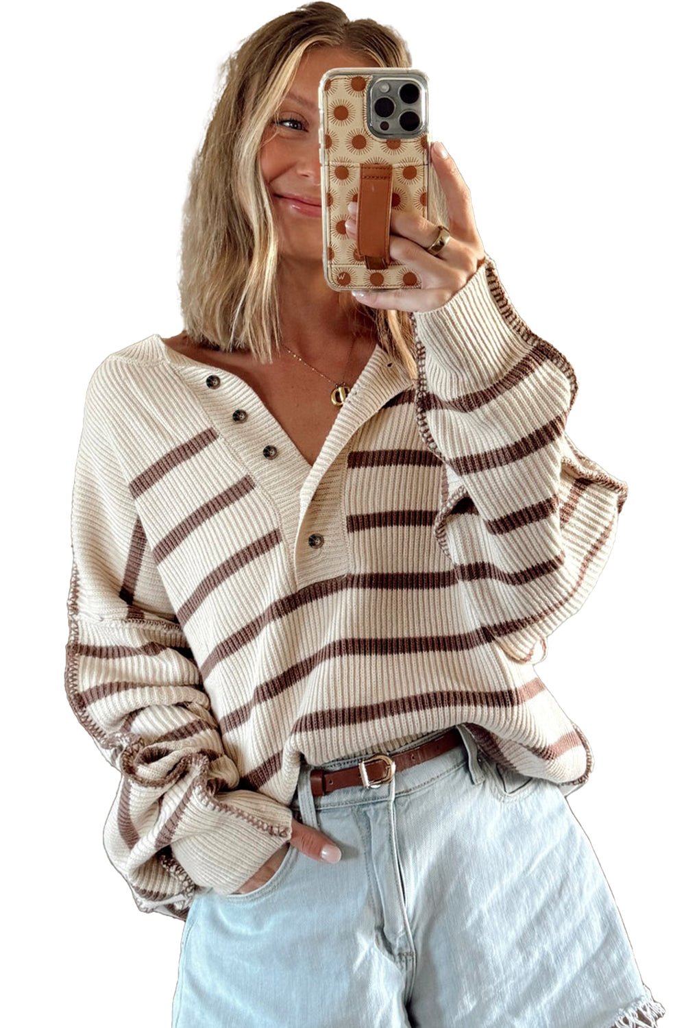 Brown Striped Exposed Seam Loose Henley Sweater - MAD RUFFI