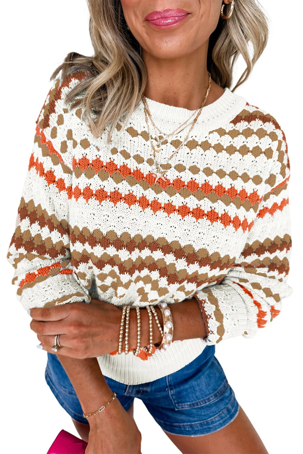 Brown Striped Eyelet Pattern Drop Shoulder Sweater - MAD RUFFI