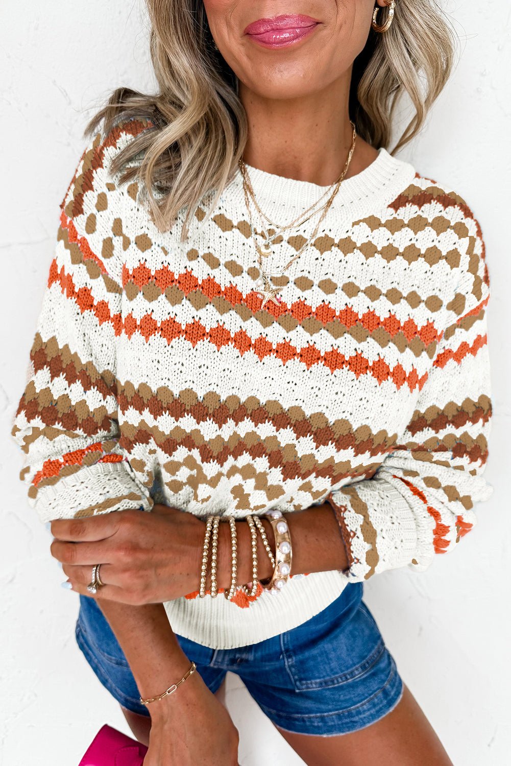 Brown Striped Eyelet Pattern Drop Shoulder Sweater - MAD RUFFI