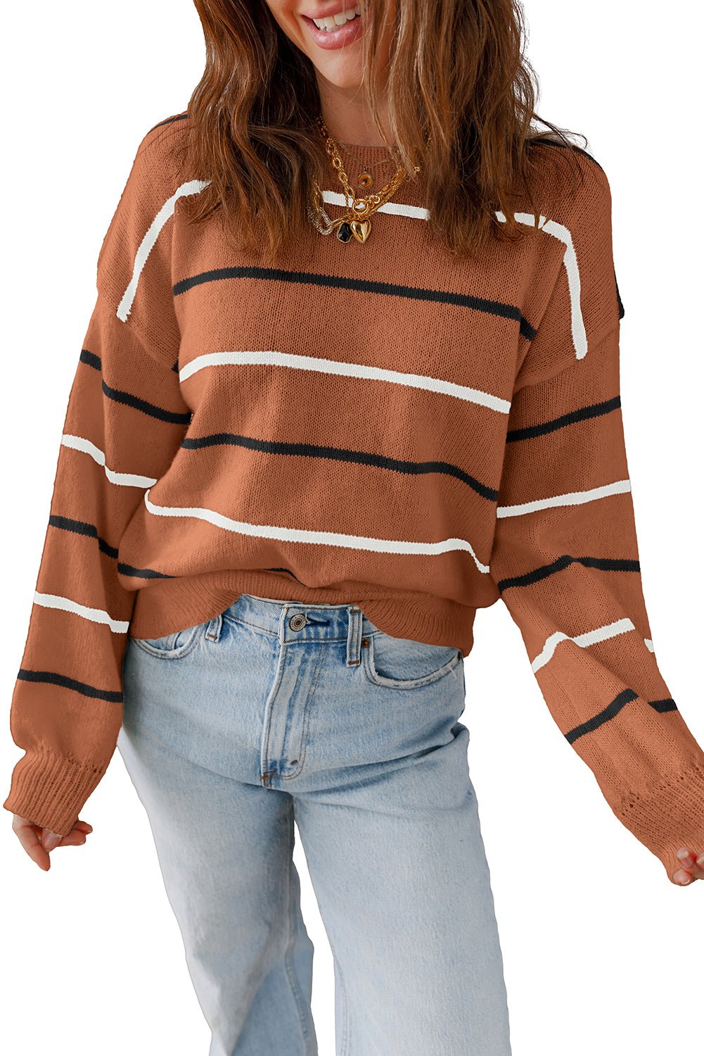 Brown Striped Ribbed Edge Drop Shoulder Sweater - MAD RUFFI