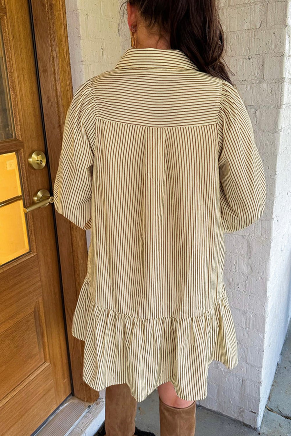 Brown Striped Shirt Collar Ruffle Hem Long Sleeve Dress - MAD RUFFI