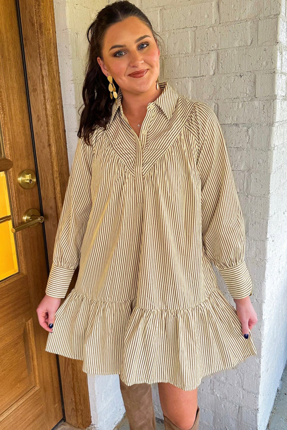 Brown Striped Shirt Collar Ruffle Hem Long Sleeve Dress - MAD RUFFI