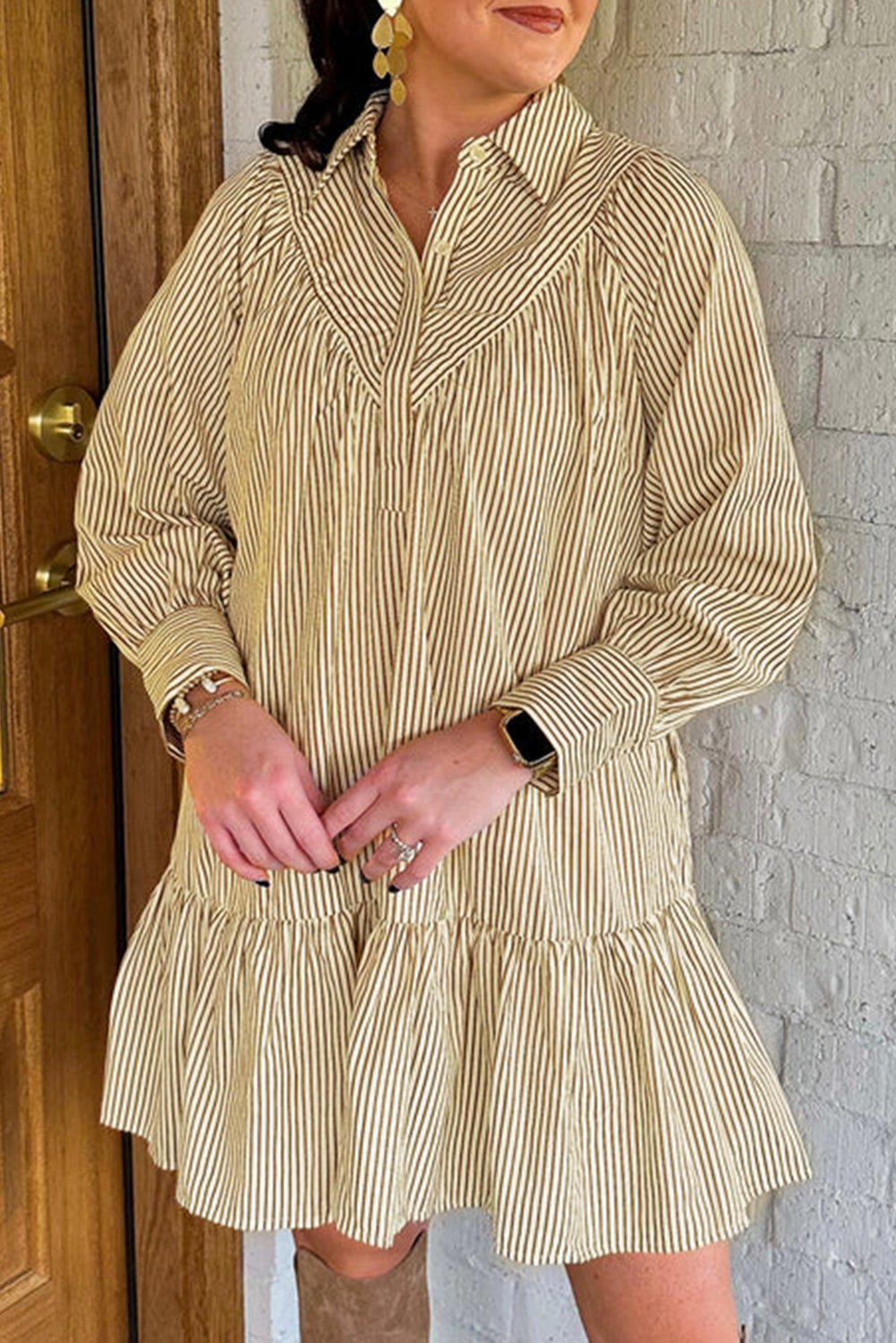 Brown Striped Shirt Collar Ruffle Hem Long Sleeve Dress - MAD RUFFI