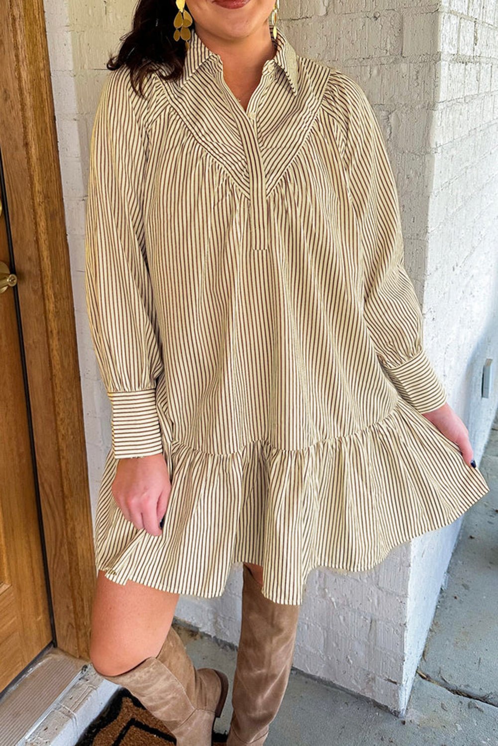 Brown Striped Shirt Collar Ruffle Hem Long Sleeve Dress - MAD RUFFI