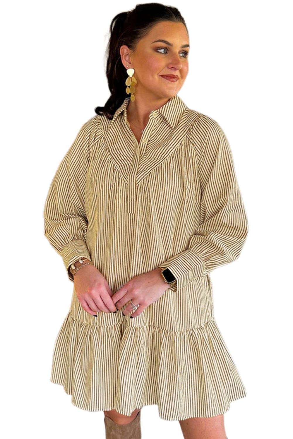 Brown Striped Shirt Collar Ruffle Hem Long Sleeve Dress - MAD RUFFI