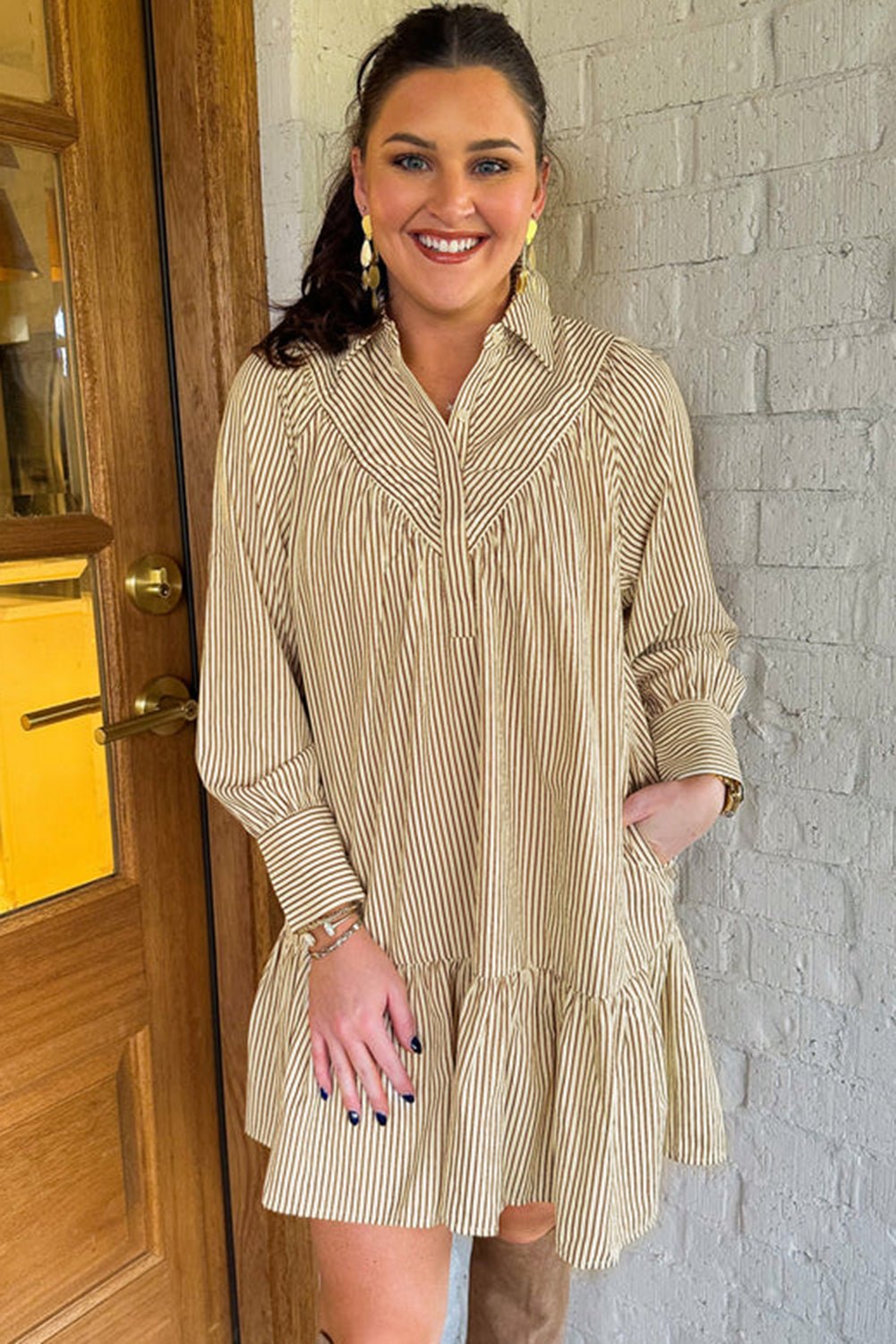 Brown Striped Shirt Collar Ruffle Hem Long Sleeve Dress - MAD RUFFI