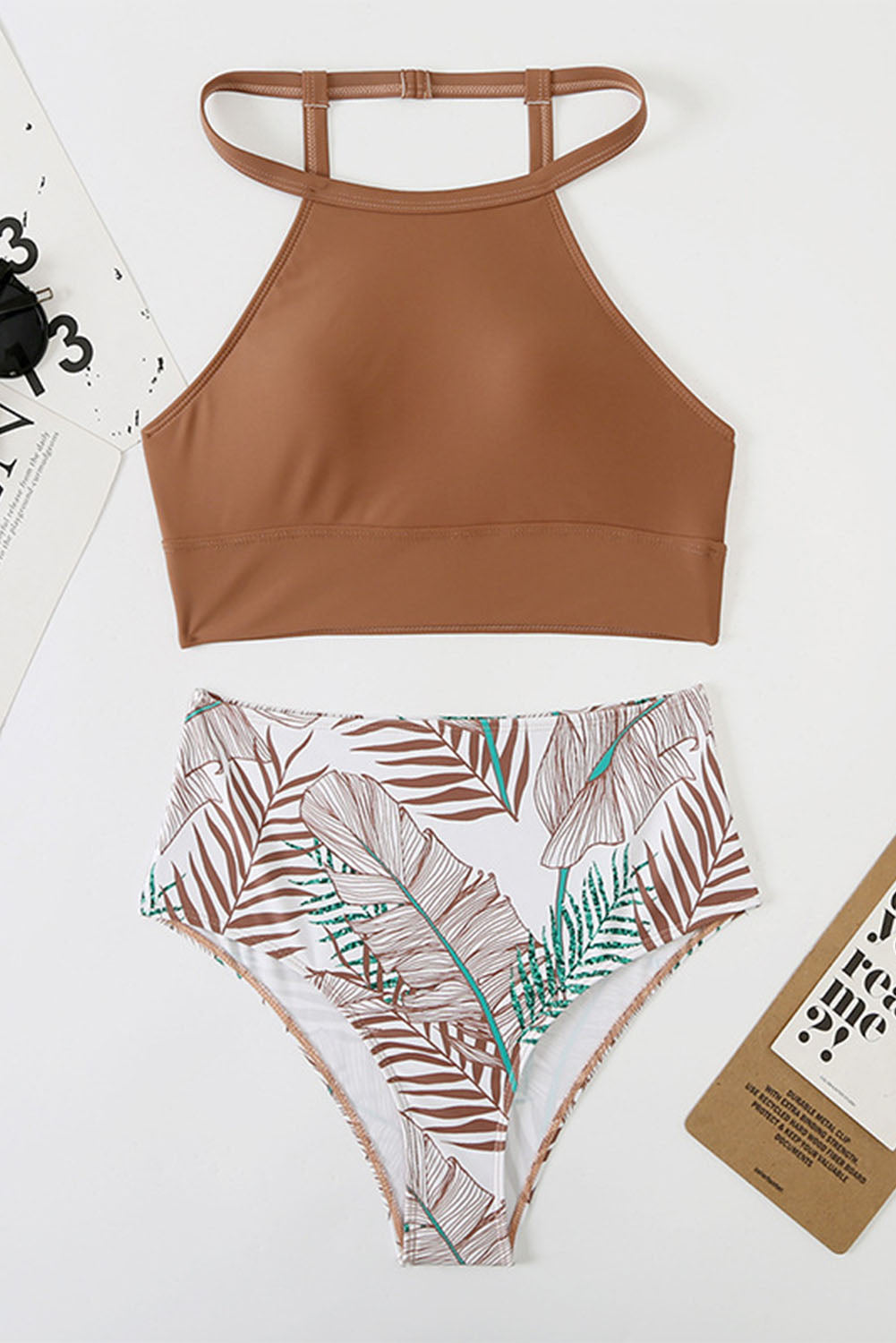 Brown Tropical Print Back Split Color Block High Waisted Swimsuit - MAD RUFFI