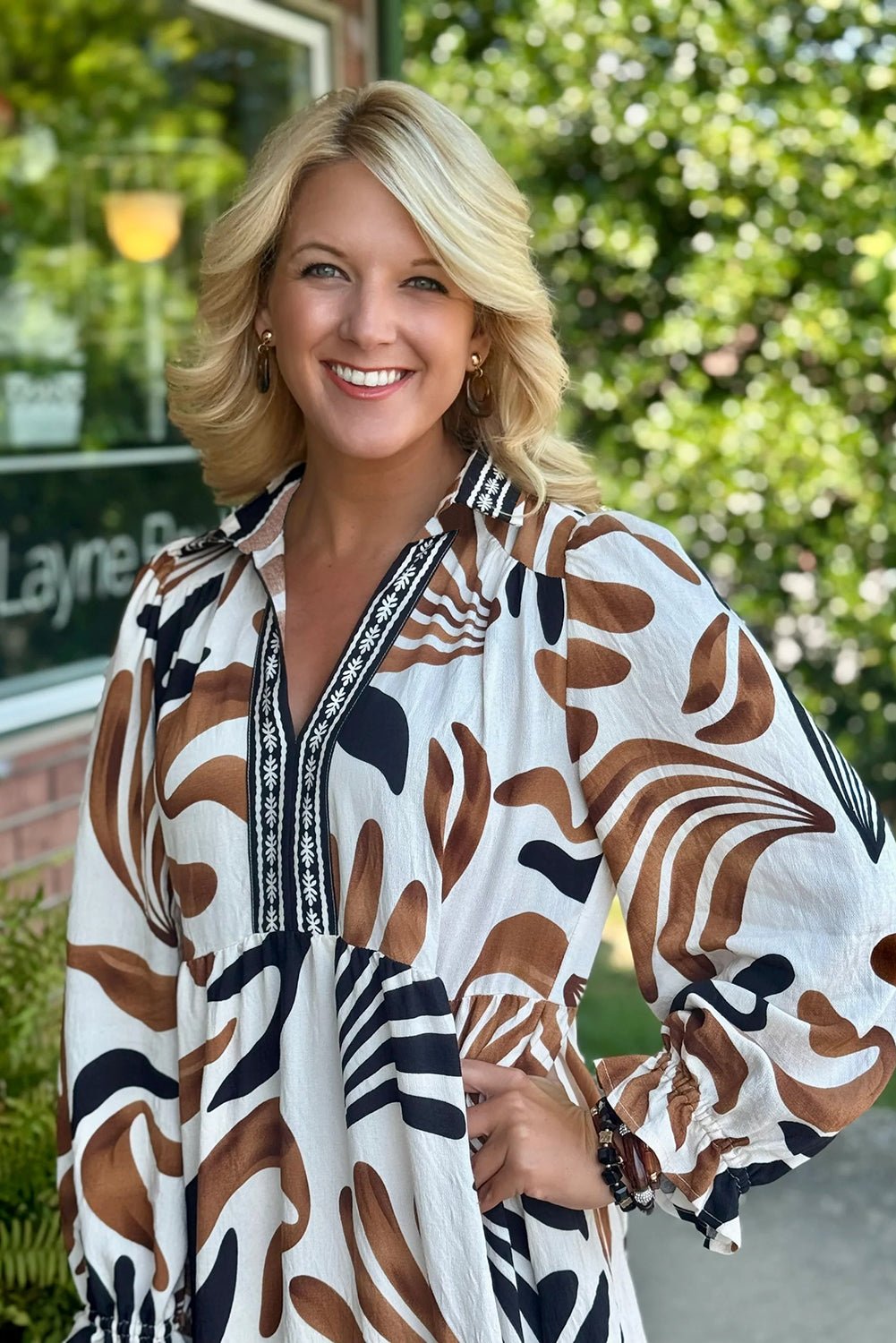 Brown Tropical Print Contrast Trim Neck Long Sleeve Ruffle Hem Dress - MAD RUFFI