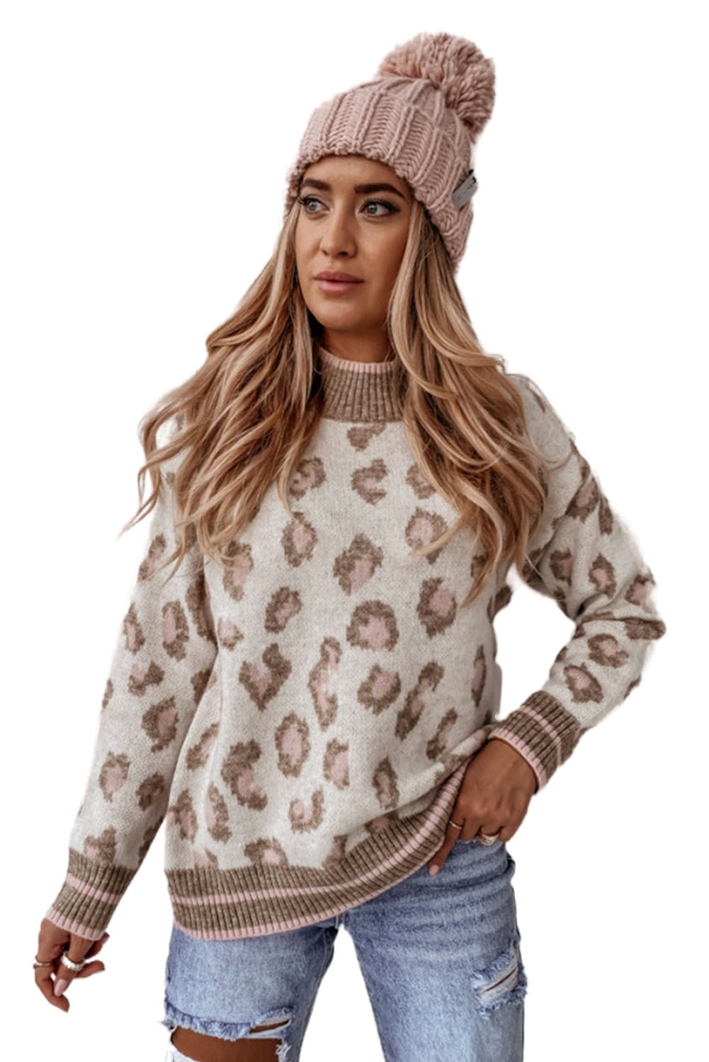 Brown Two - tone Ribbed Trim Contrast Leopard Sweater - MAD RUFFI