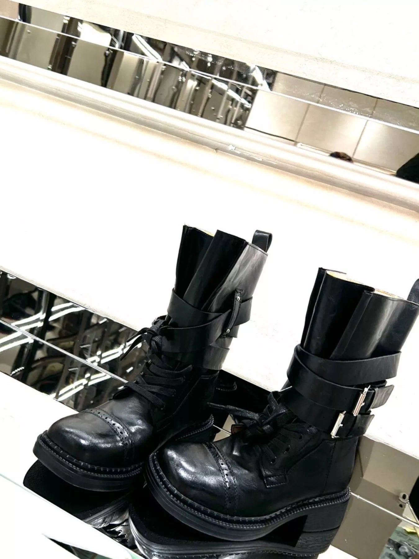 Buckled Leather Block Heel Boots - MAD RUFFI