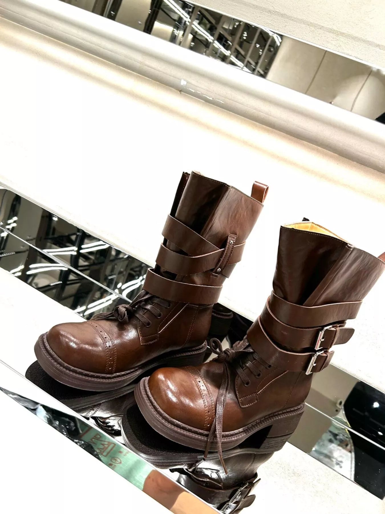 Buckled Leather Block Heel Boots - MAD RUFFI