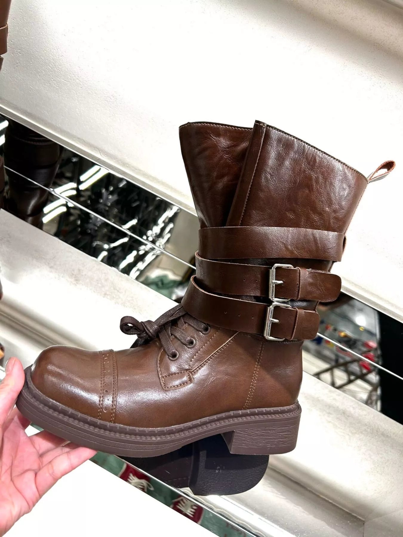 Buckled Leather Block Heel Boots - MAD RUFFI