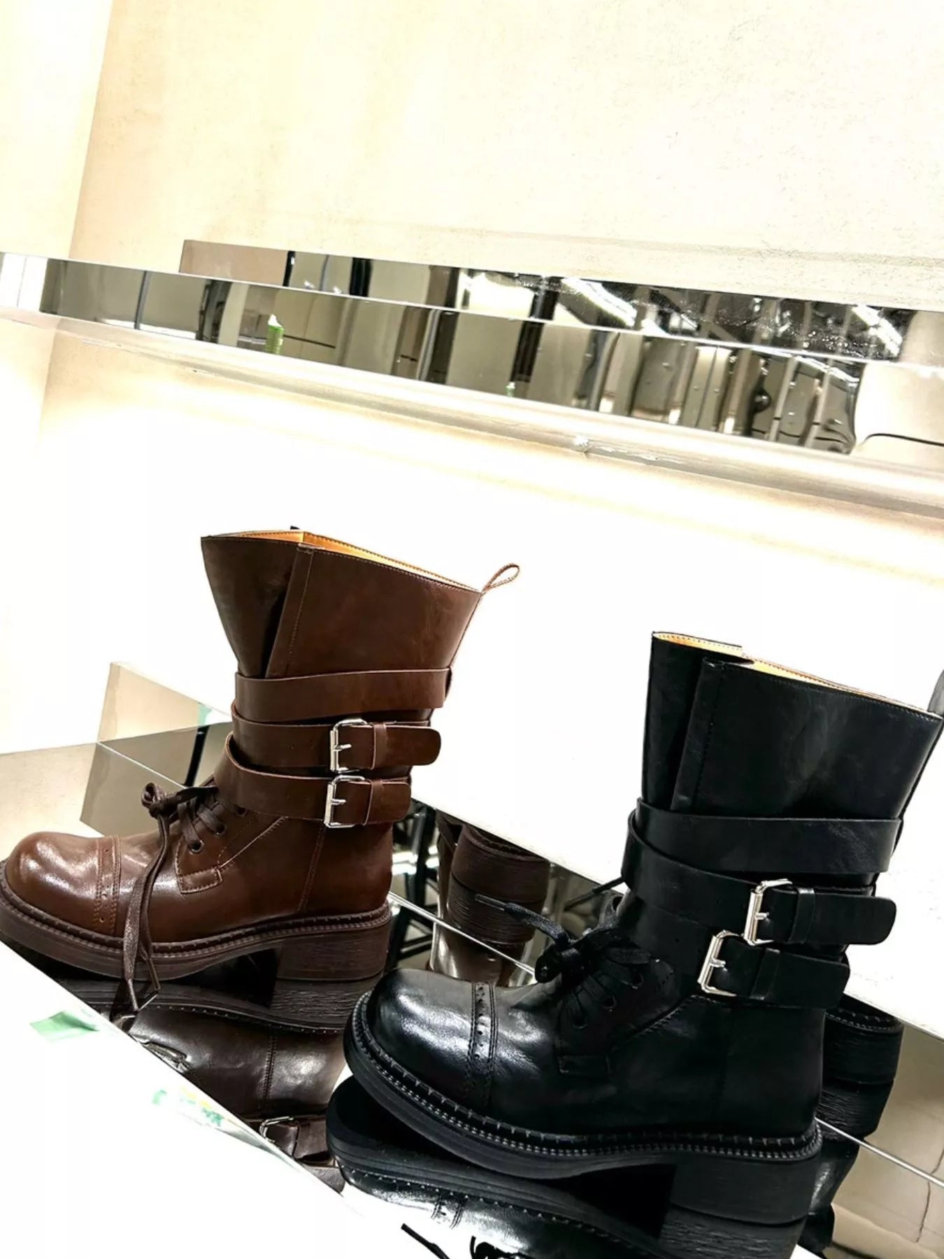 Buckled Leather Block Heel Boots - MAD RUFFI