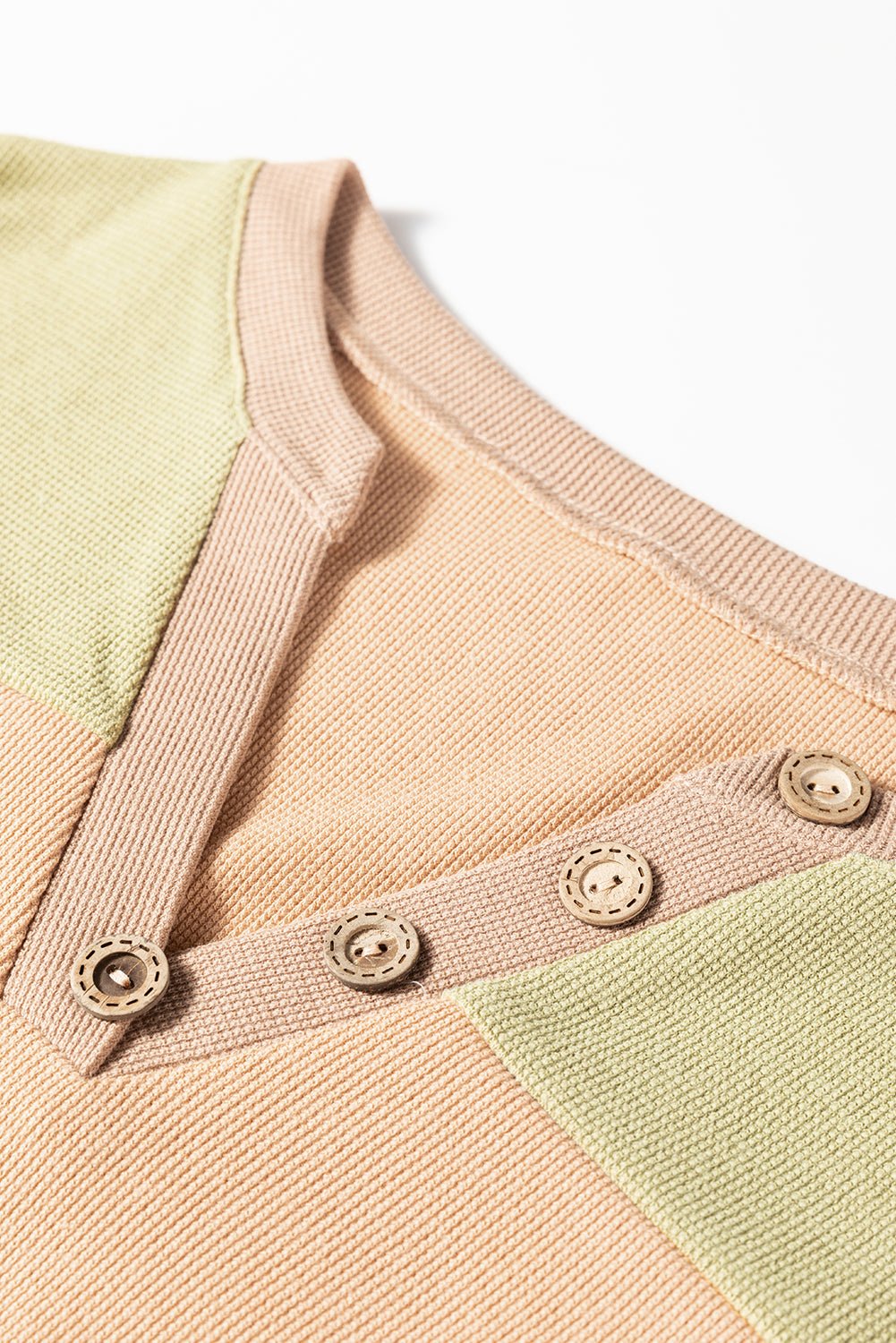 Buckskin Colorblock Thermal Waffle Knit Drop Shoulder Henley Top - MAD RUFFI