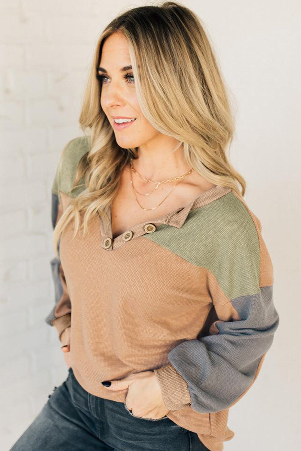 Buckskin Colorblock Thermal Waffle Knit Drop Shoulder Henley Top - MAD RUFFI