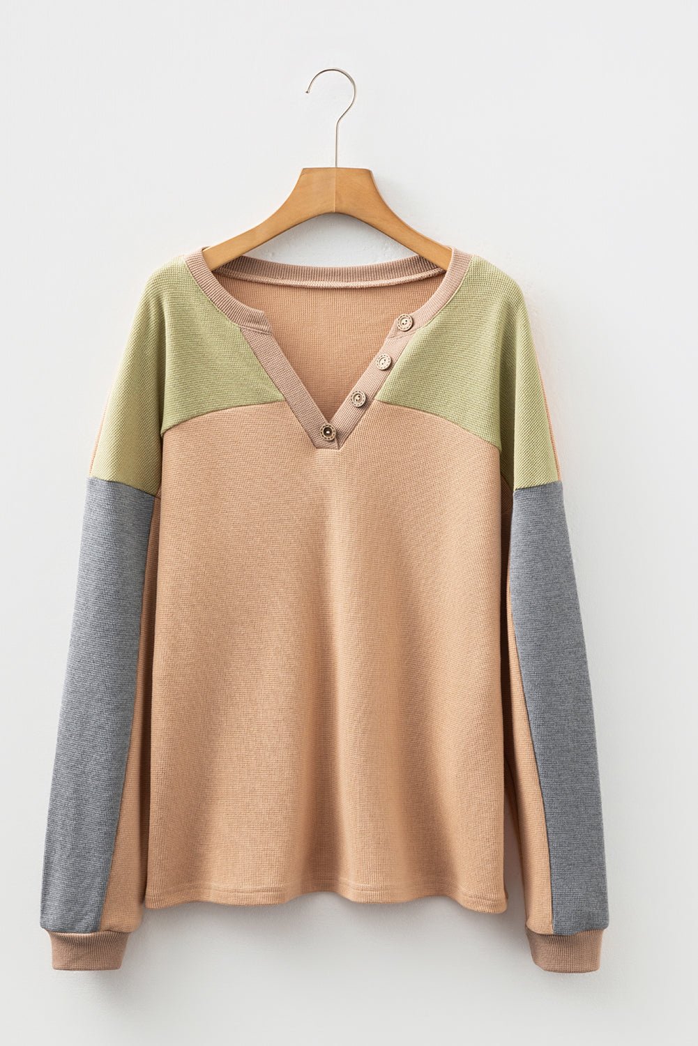 Buckskin Colorblock Thermal Waffle Knit Drop Shoulder Henley Top - MAD RUFFI