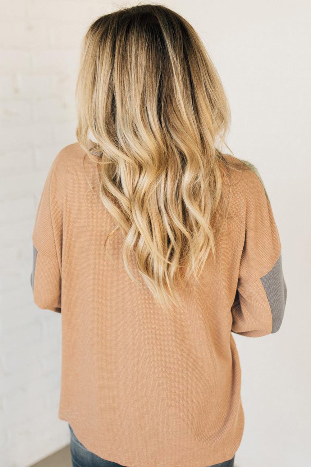 Buckskin Colorblock Thermal Waffle Knit Drop Shoulder Henley Top - MAD RUFFI