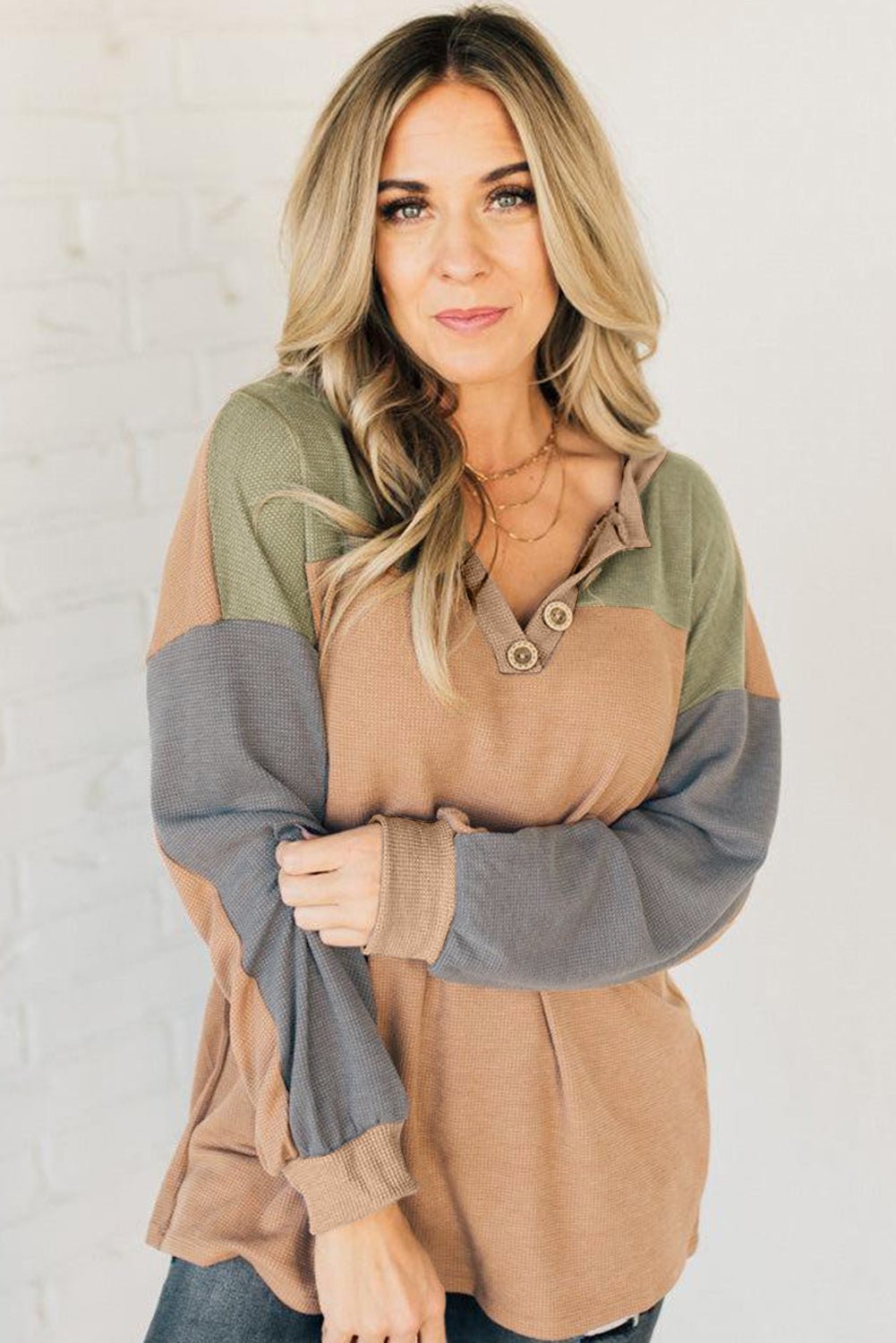 Buckskin Colorblock Thermal Waffle Knit Drop Shoulder Henley Top - MAD RUFFI