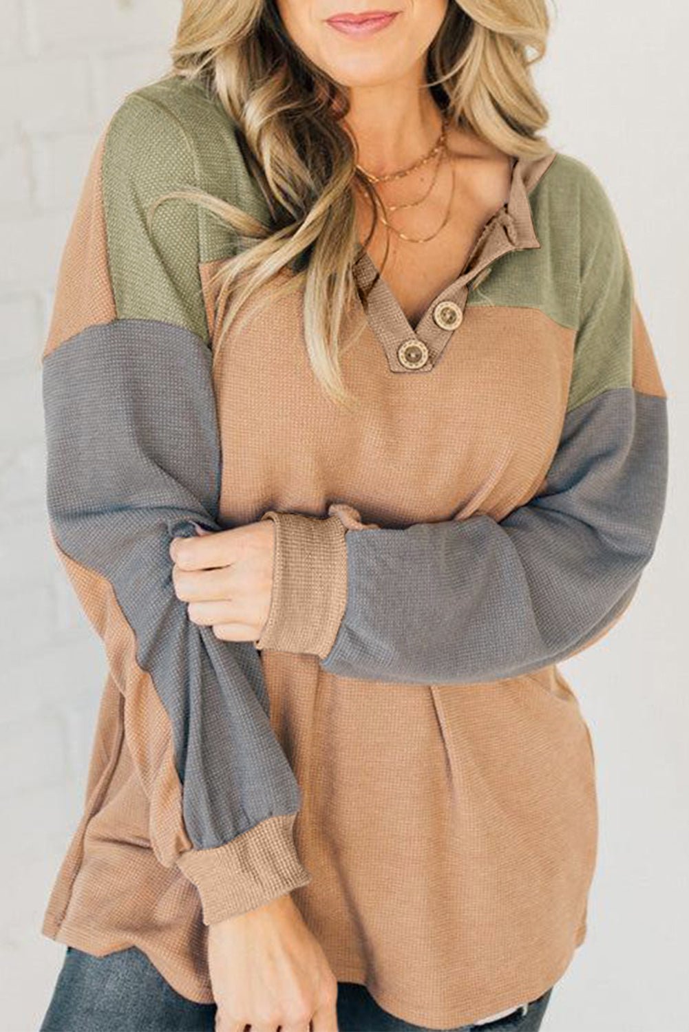 Buckskin Colorblock Thermal Waffle Knit Drop Shoulder Henley Top - MAD RUFFI