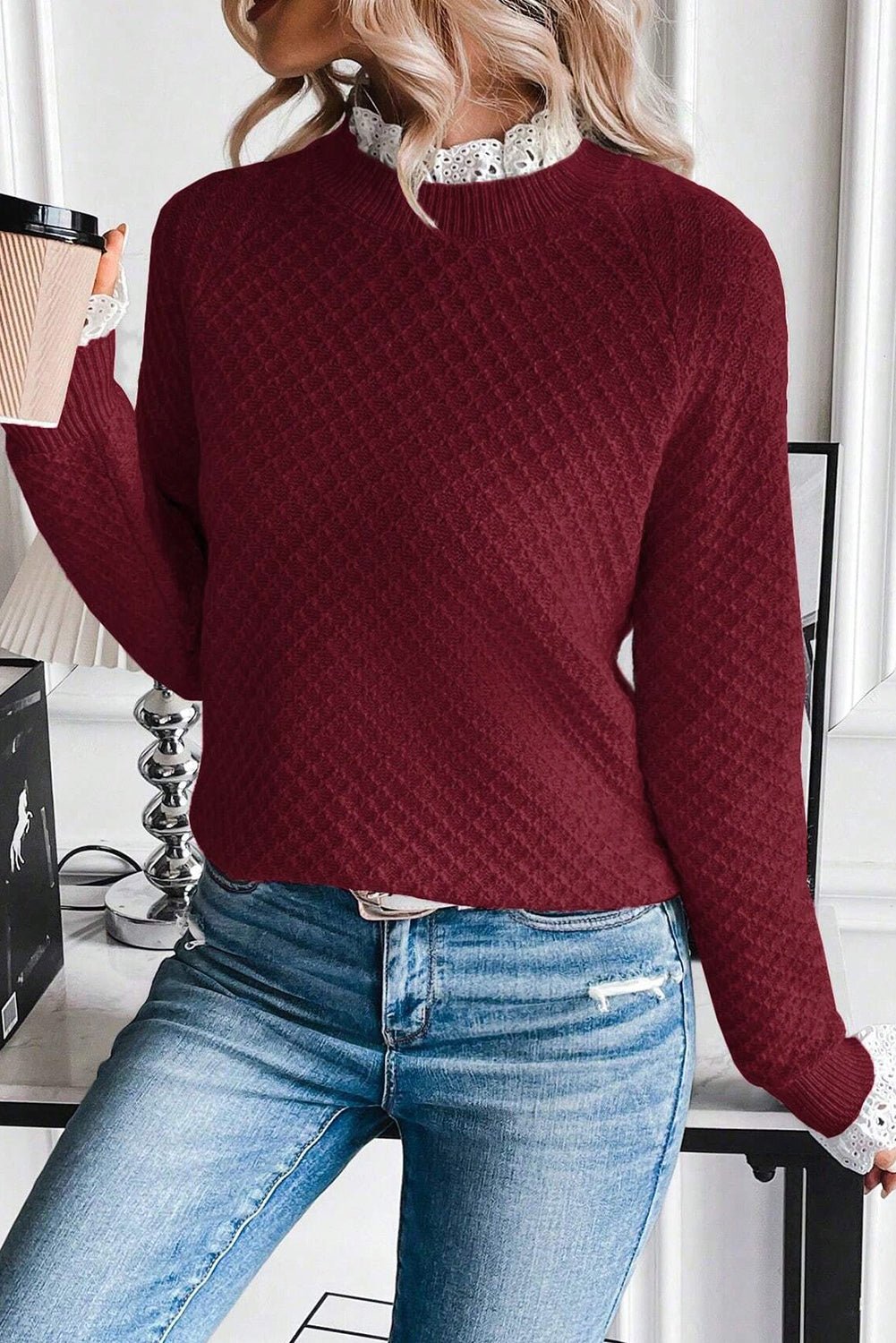 Burgundy Contrast Lace Frill Trim Raglan Sleeve Sweater - MAD RUFFI
