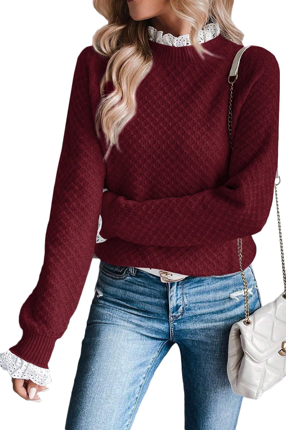 Burgundy Contrast Lace Frill Trim Raglan Sleeve Sweater - MAD RUFFI
