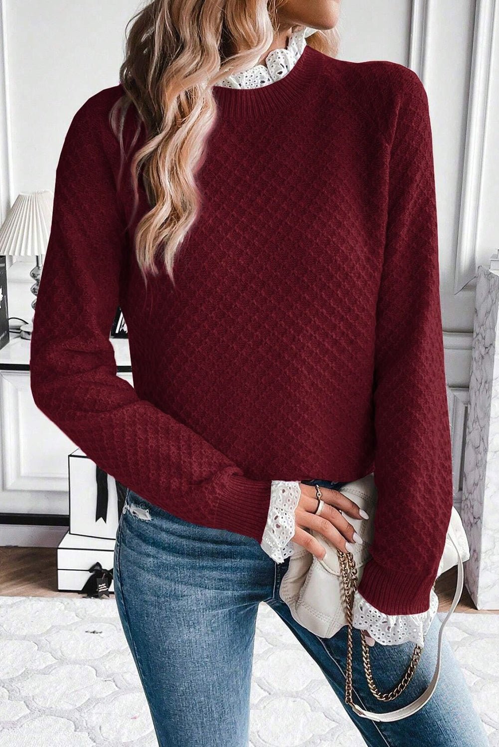 Burgundy Contrast Lace Frill Trim Raglan Sleeve Sweater - MAD RUFFI