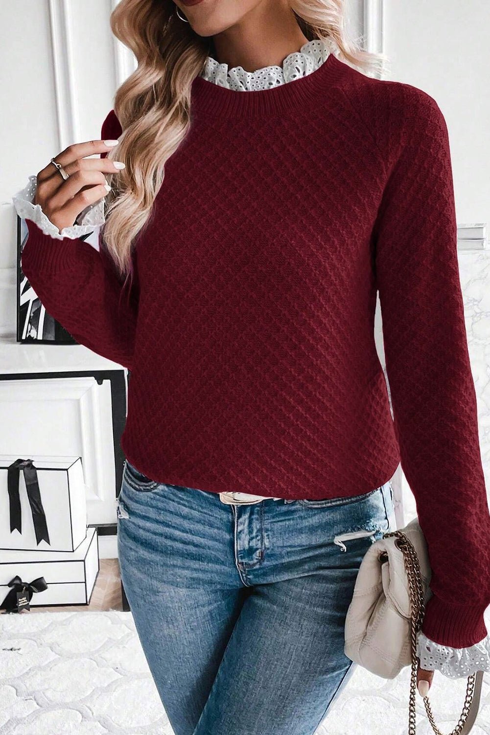 Burgundy Contrast Lace Frill Trim Raglan Sleeve Sweater - MAD RUFFI