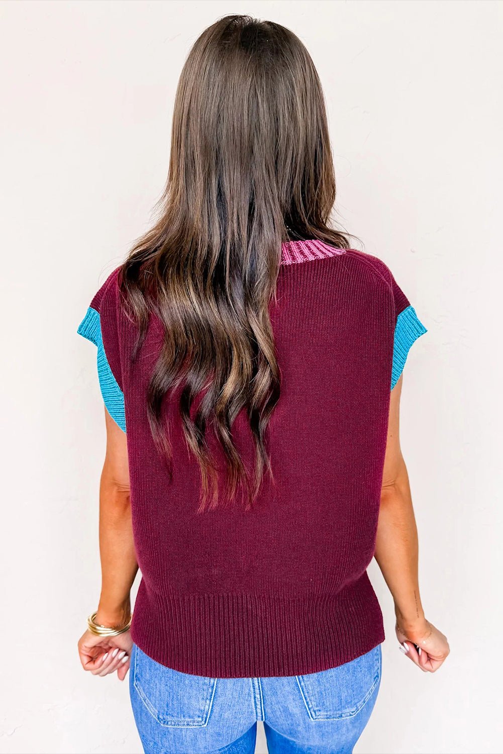 Burgundy Contrast Trim V Neck Cuffed Short Sleeve Loose Sweater - MAD RUFFI