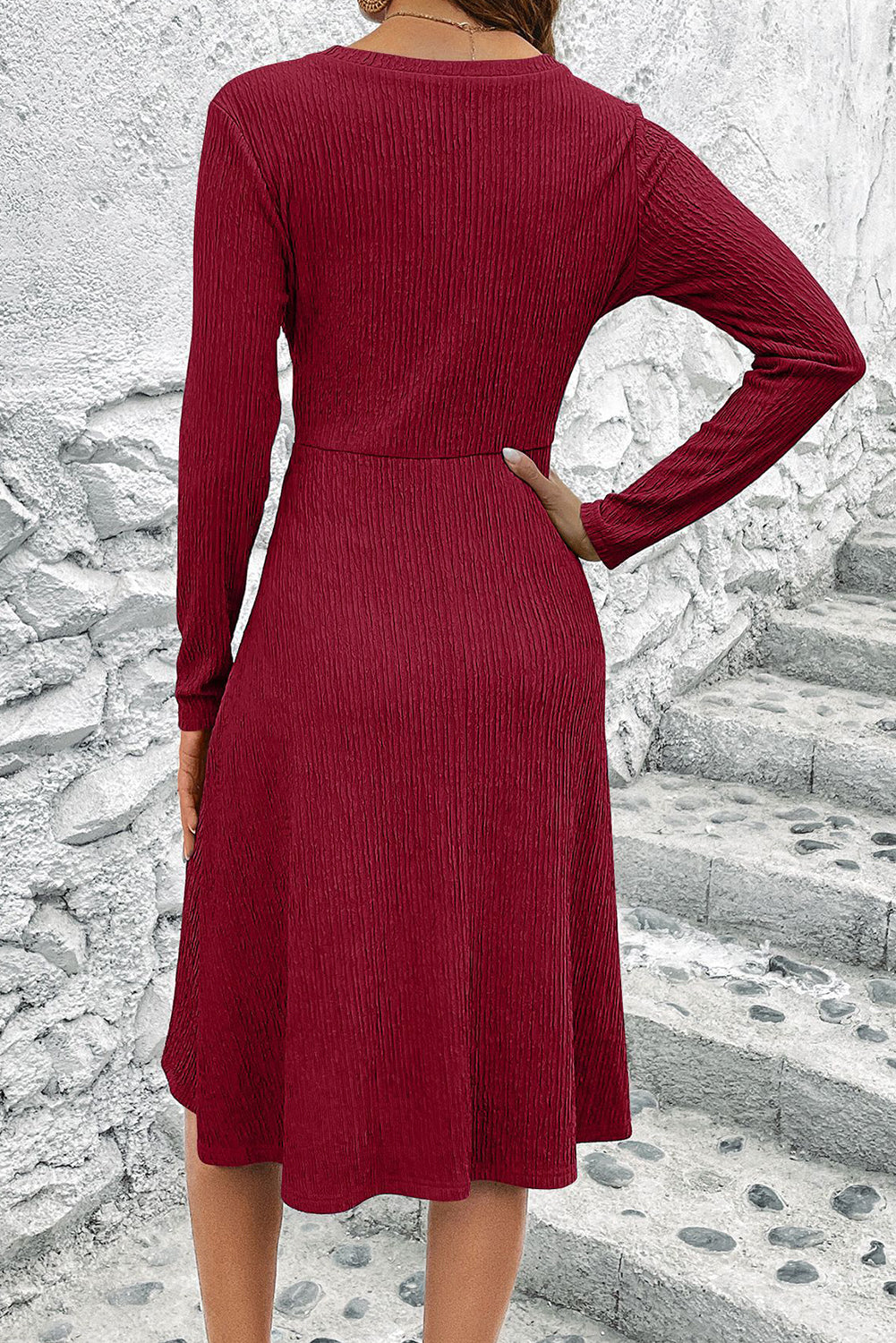 Burgundy Cross Wrap Long Sleeve Textured Dress - MAD RUFFI