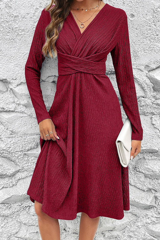 Burgundy Cross Wrap Long Sleeve Textured Dress - MAD RUFFI