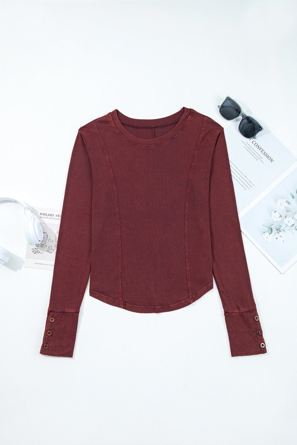 Burgundy Exposed Seam Ribbed Long Sleeve Top - MAD RUFFI
