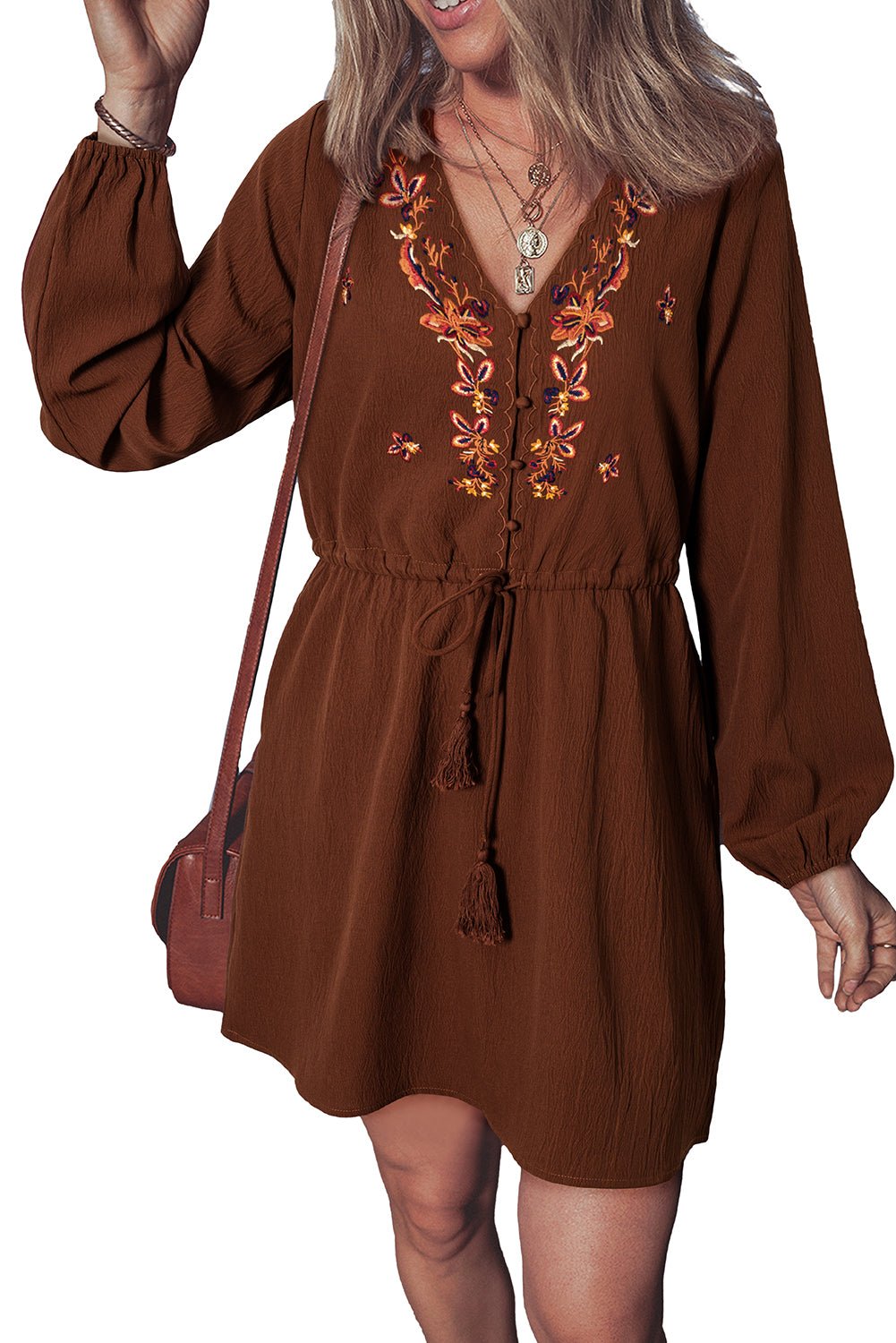 Burgundy Floral Embroidered Tassel Tie Waist Long Sleeve Mini Dress - MAD RUFFI