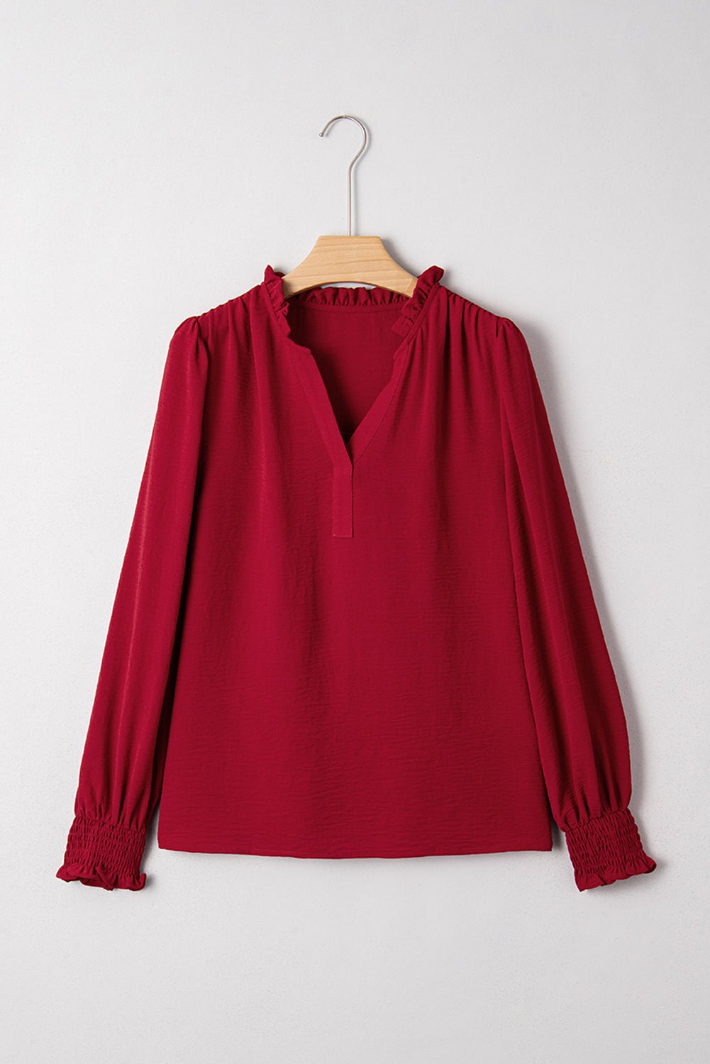 Burgundy Notched Neck Shirred Cuffs Long Sleeve Blouse - MAD RUFFI