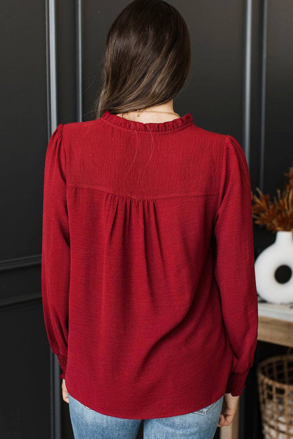 Burgundy Notched Neck Shirred Cuffs Long Sleeve Blouse - MAD RUFFI