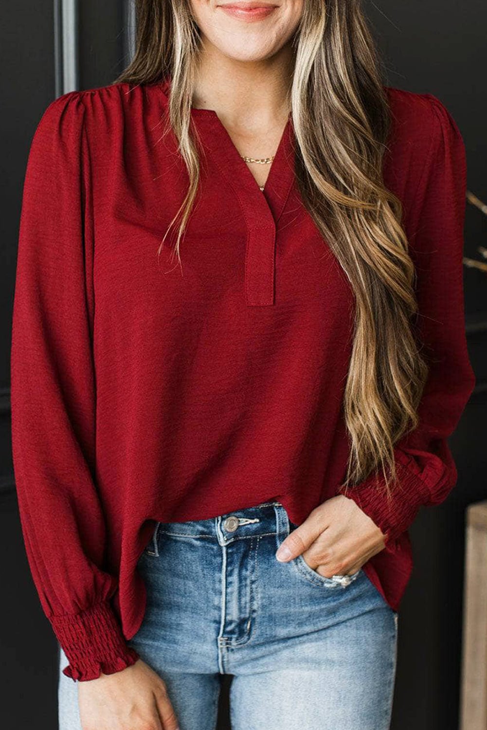Burgundy Notched Neck Shirred Cuffs Long Sleeve Blouse - MAD RUFFI