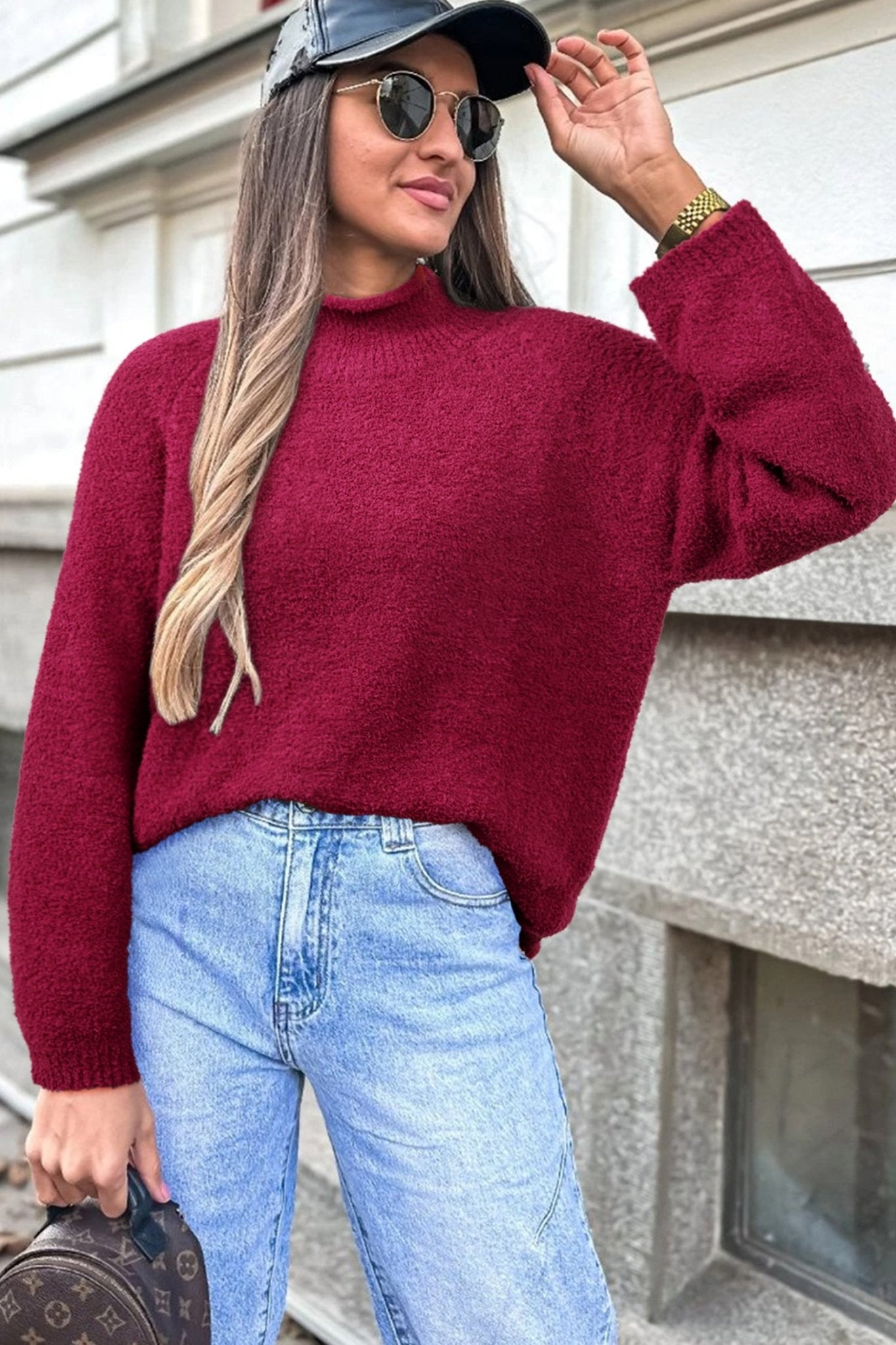 Burgundy Popcorn Mock Neck Solid Sweater - MAD RUFFI