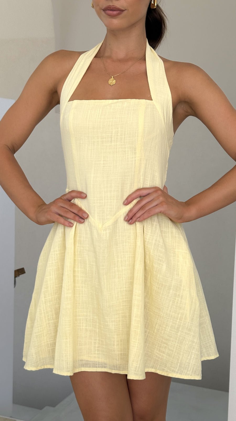 Butter Yellow Linen Halter Mini Dress – Smocked Back Summer Dress for Women - MAD RUFFI