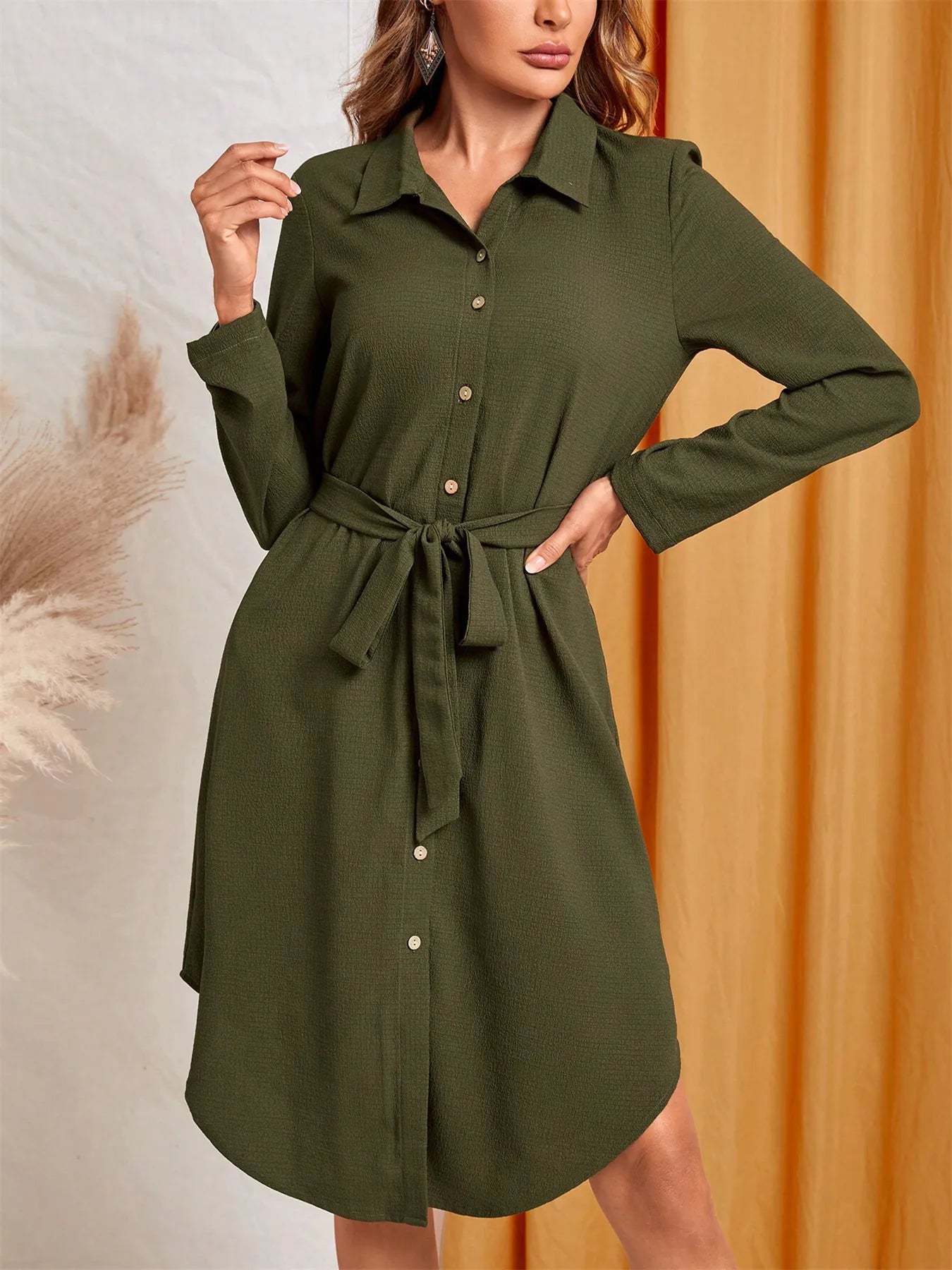 Button - Down Belted Shirt Dress - MAD RUFFI