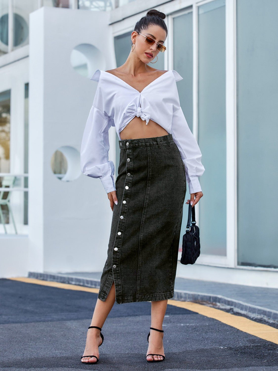 Button Down Denim Skirt - MAD RUFFI