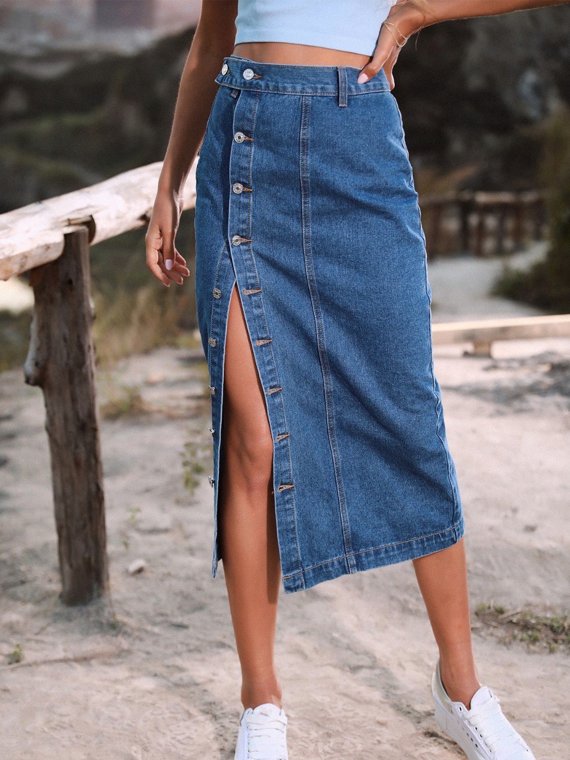 Button Down Denim Skirt - MAD RUFFI