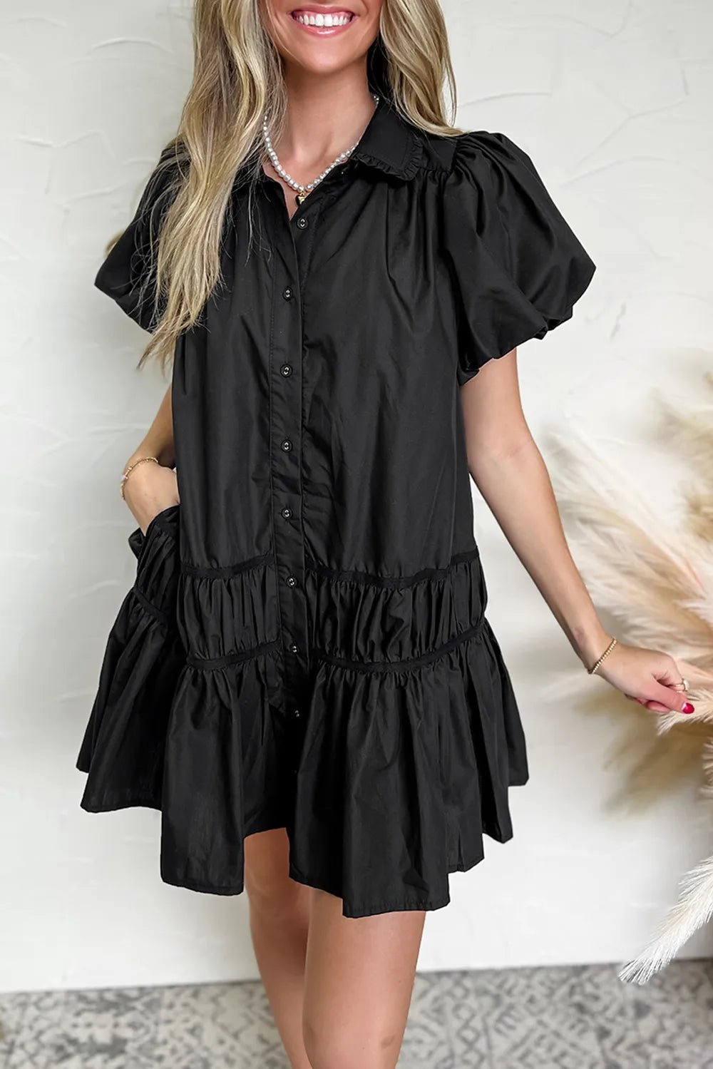 Button Down Puff Sleeve Ruffle Hem Dress - MAD RUFFI
