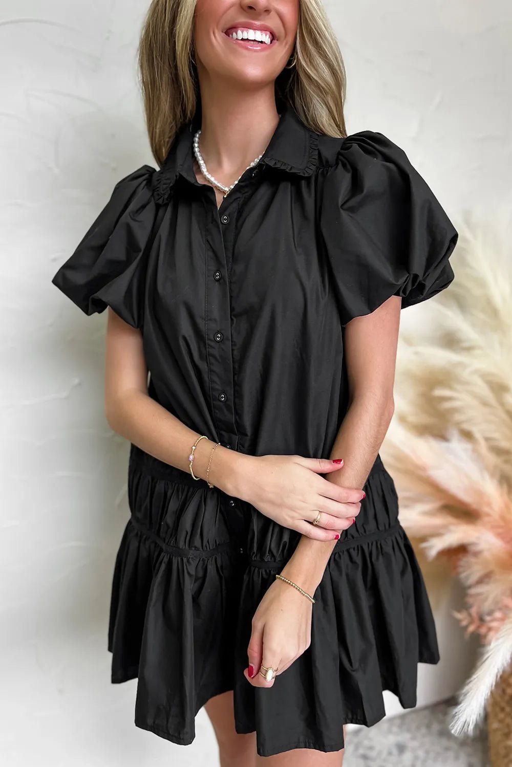 Button Down Puff Sleeve Ruffle Hem Dress - MAD RUFFI