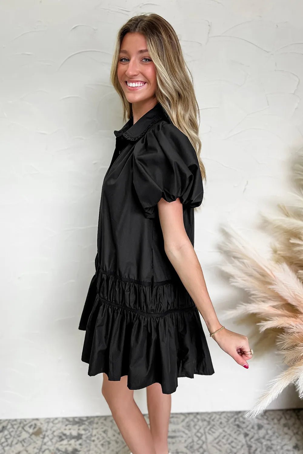 Button Down Puff Sleeve Ruffle Hem Dress - MAD RUFFI