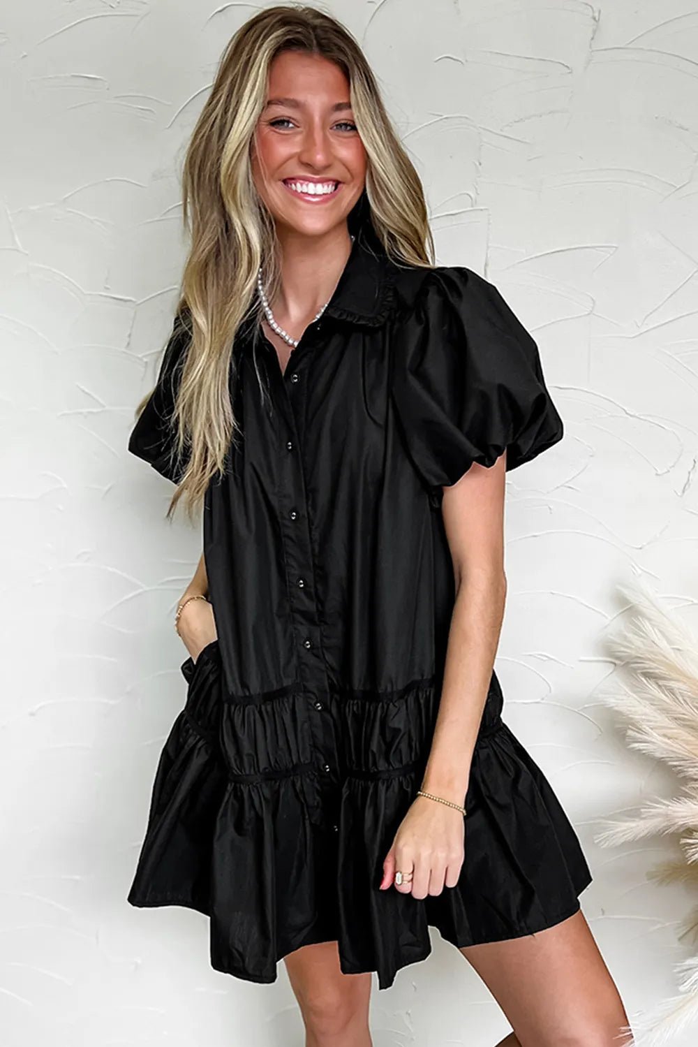 Button Down Puff Sleeve Ruffle Hem Dress - MAD RUFFI